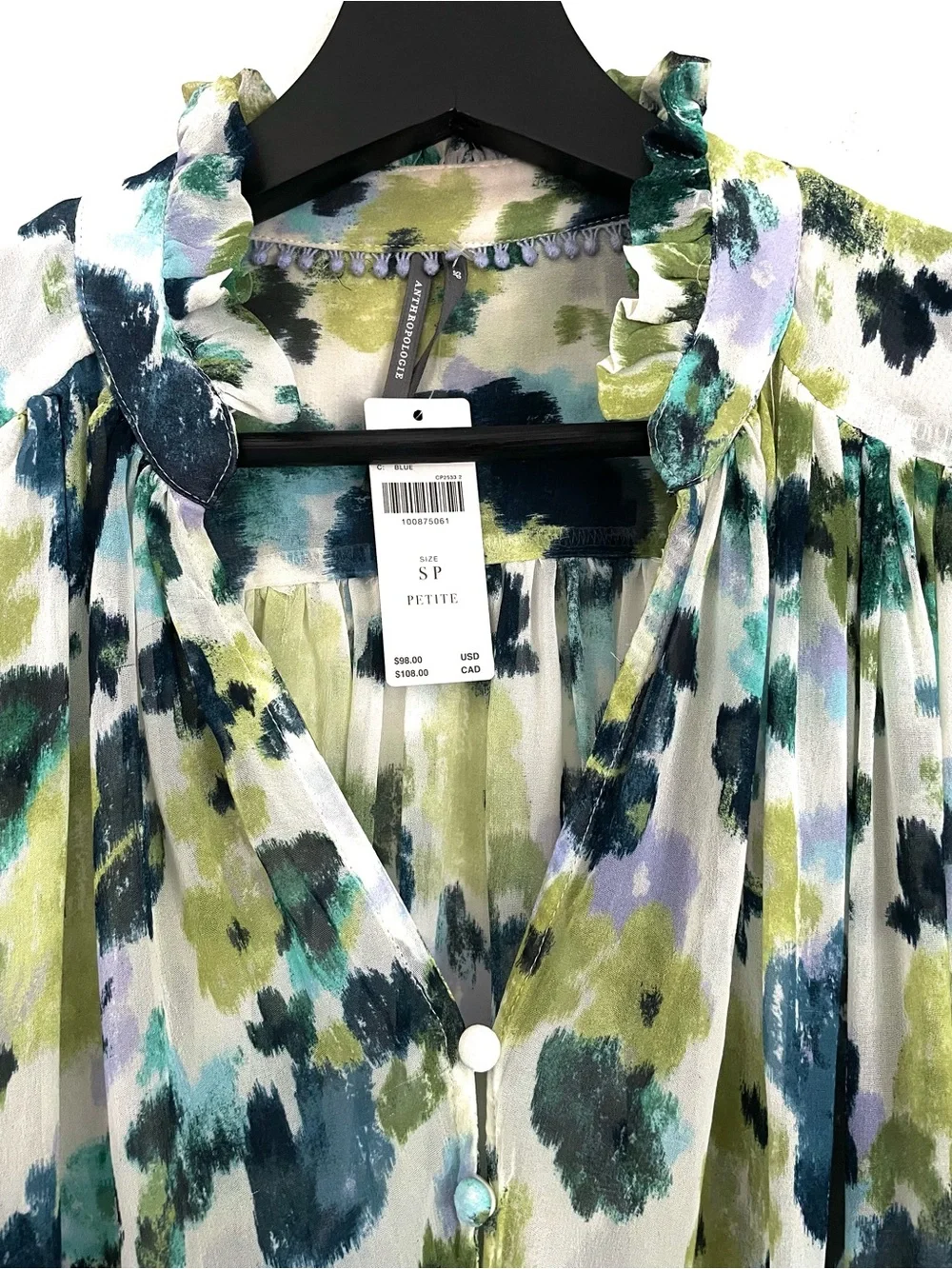 NWT The Estela Sheer Printed Blouse: Short Sleeve Edition Blue Floral SP Boho
